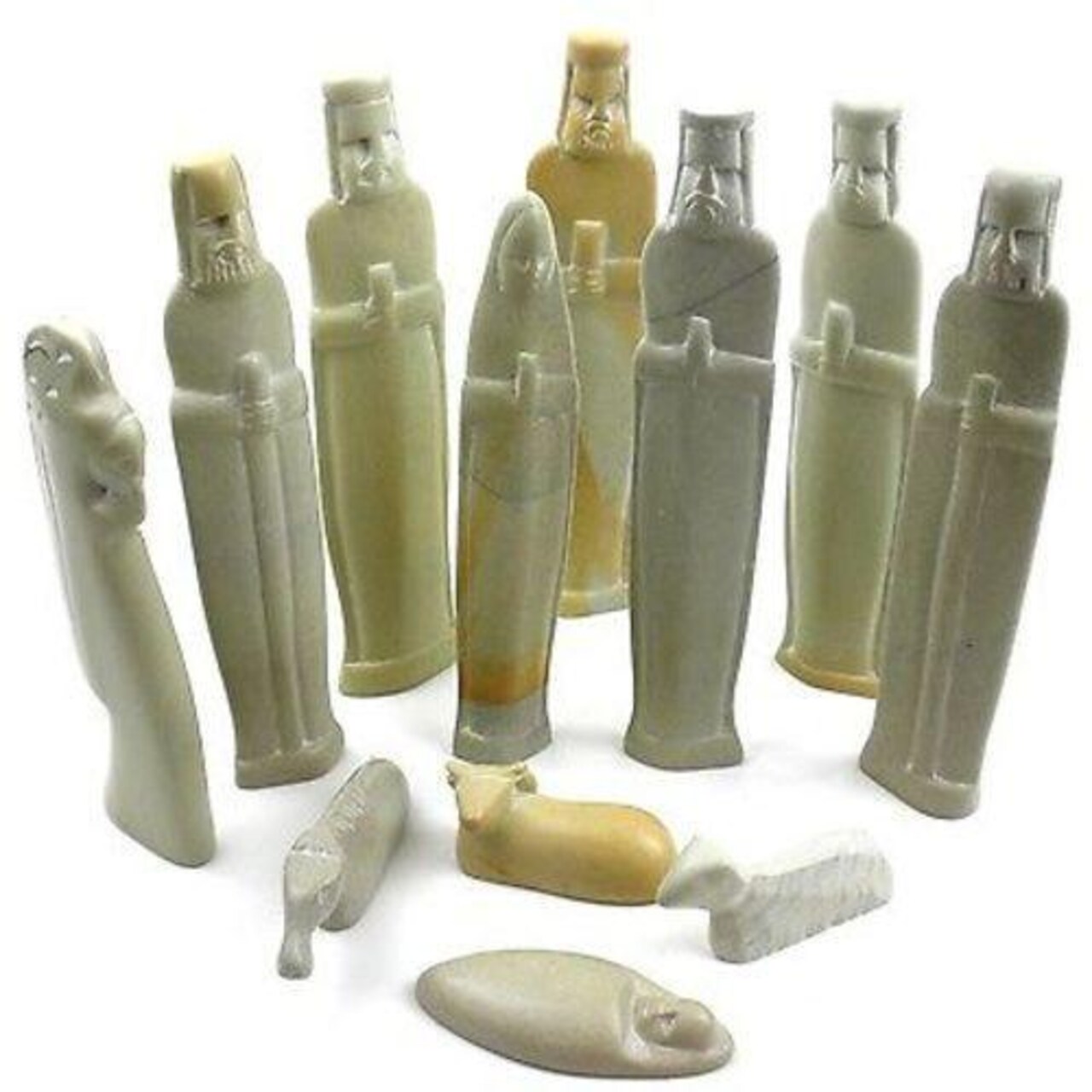 Cream-Grey Soapstone Nativity Set of 12 Hand-Carved Pieces, 6 inches Tall Sculpture